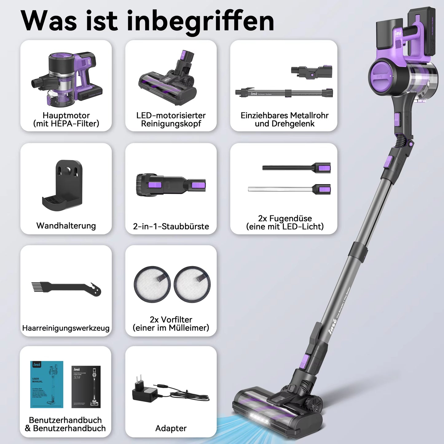 S10 Cordless Vacuum Cleaner, 6-In-1 Stick Vacuum with 30Kpa 350W Suction, Max 50 Min Runtime Rechargeable Vacuum Cleaner
